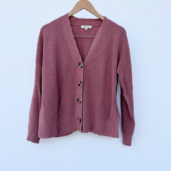 Madewell Pink Knit V-Neck Slouchy Cardigan Big Button Sweater Small Cozy Fit - Picture 3 of 8